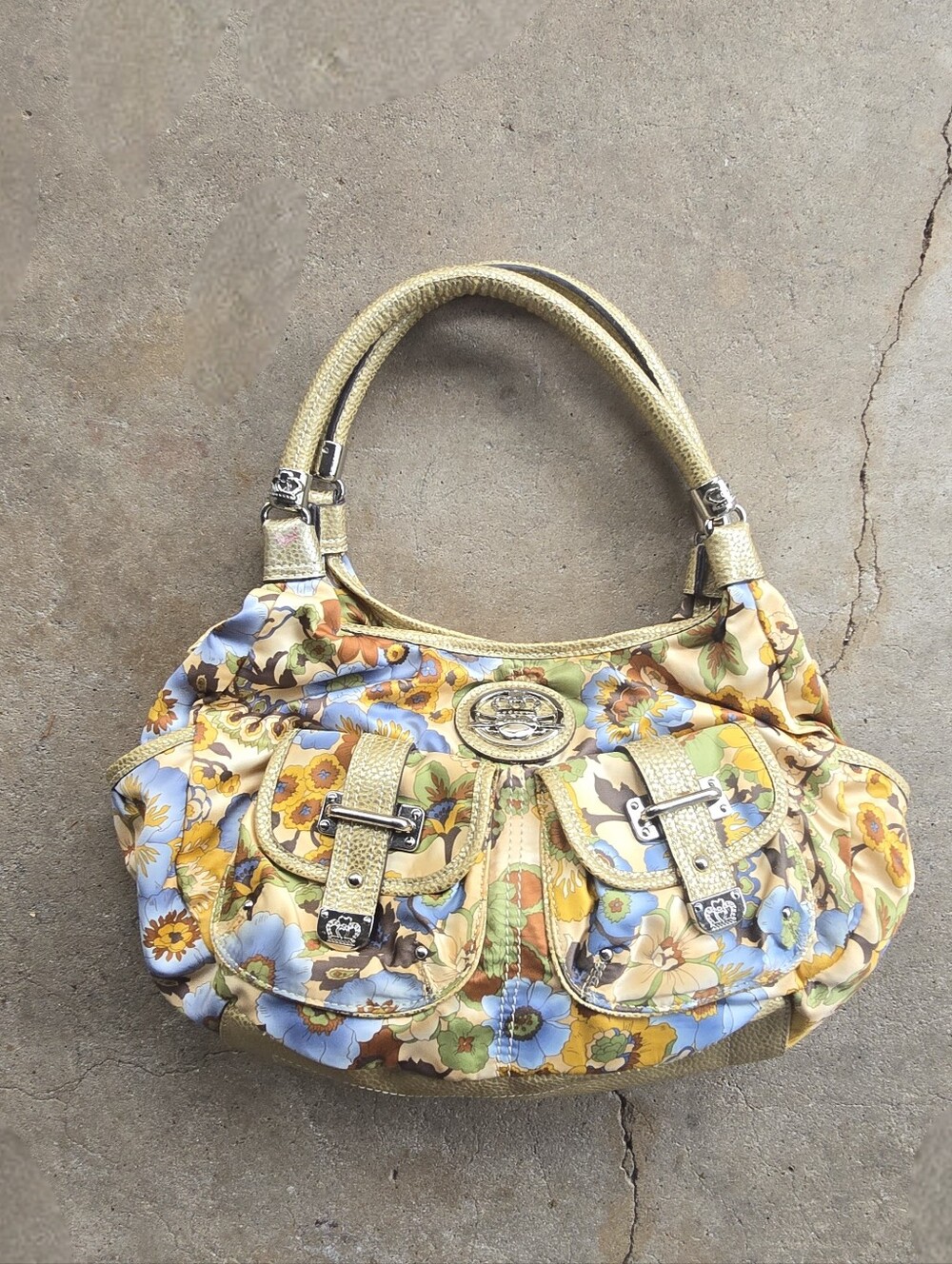 Vintage Kathy Van Zeeland Y2K Floral buckle satin Hobo Bag Crown Logo